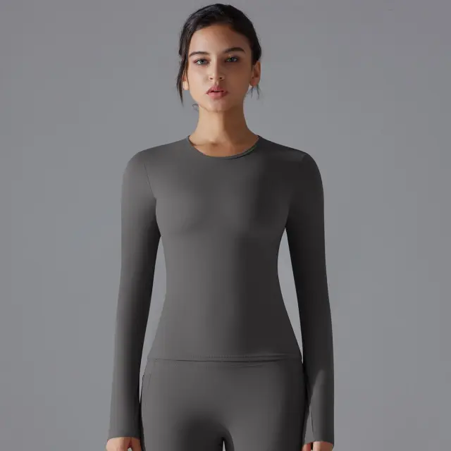 Double sided Brushed Nylon Long Sleeve Yoga Wear Nude Feel Gray - Shop at LoveMi