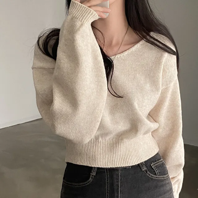 Fall V neck Long sleeve Knitwear Female Loose Cropped Sweater Apricot - Shop at LoveMi
