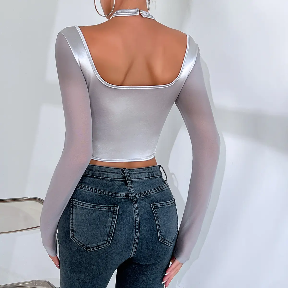 Hot Girl Low-cut Sexy See-through Mesh Patchwork Halter Top Female