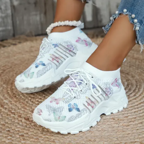 Butterfly Print Mesh Sneakers Women's Flat Heel Casual Shoes
