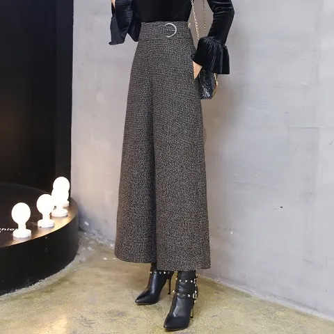 Autumn And Winter New Woolen Wide leg Pants Women Dark Brown - Shop at LoveMi