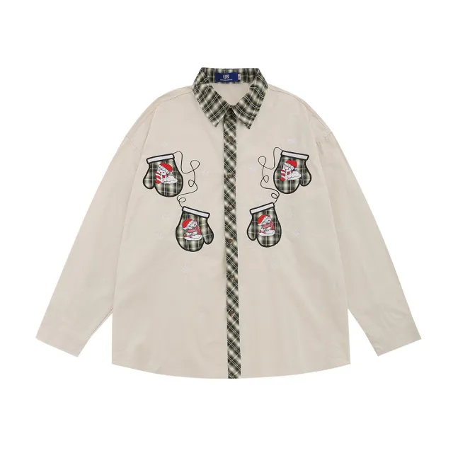 Christmas Embroidered Long Sleeve Shirt Paste Cloth Embroidery Contrast Color Lapels Loose Top Khaki - Shop at LoveMi
