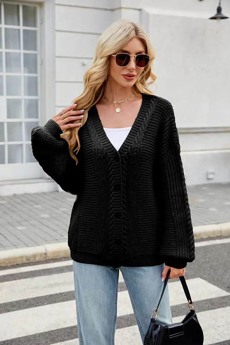 Women's Loose Long-sleeved V-neck Twisted Knitted Sweater Coat