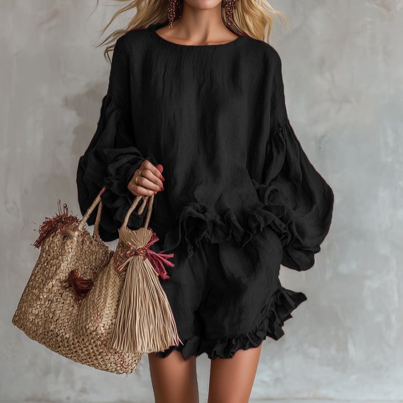 Women's lantern sleeve top and shorts set in dark brown – casual chic two-piece