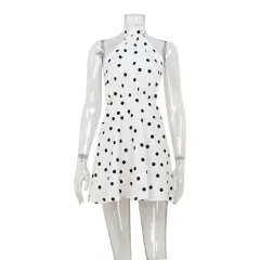 Elegant Halter Strap Backless A- Line High Waist Dress - Polka Dot - View 1