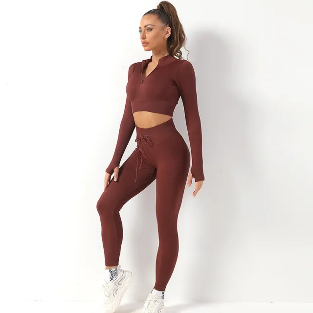 Seamless Zipper Tight Long Sleeve Hip Lifting Drawstring Yoga Suit Brown - Shop at LoveMi