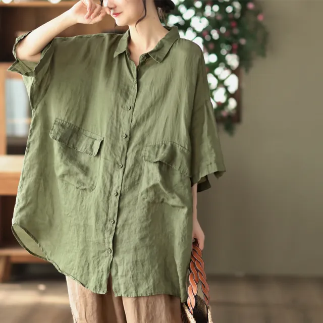 Retro Ramie Shirt Mid length Elegant Top Army Green - Shop at LoveMi