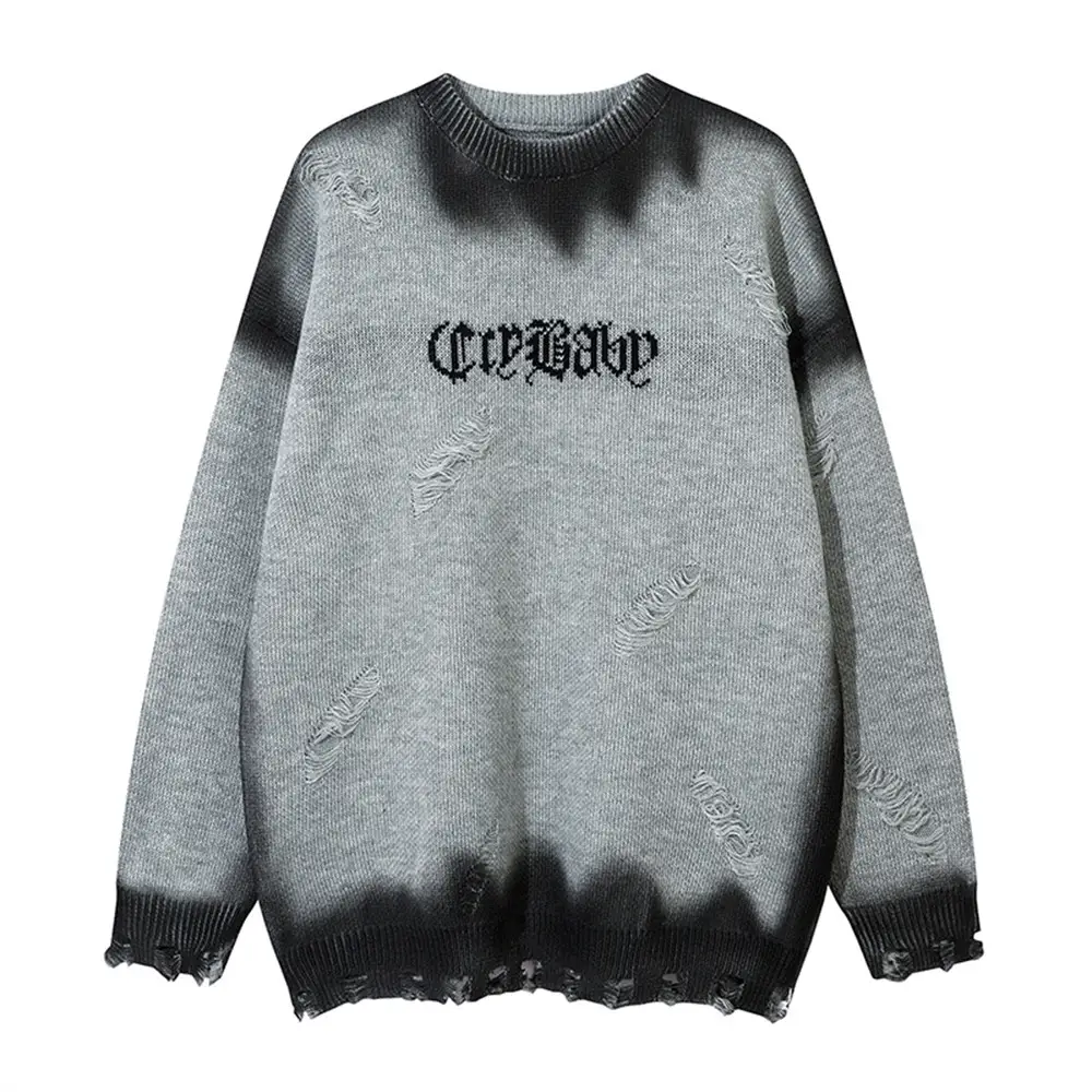 Inkjet Crocheted Ripped Round Neck Sweater For Men