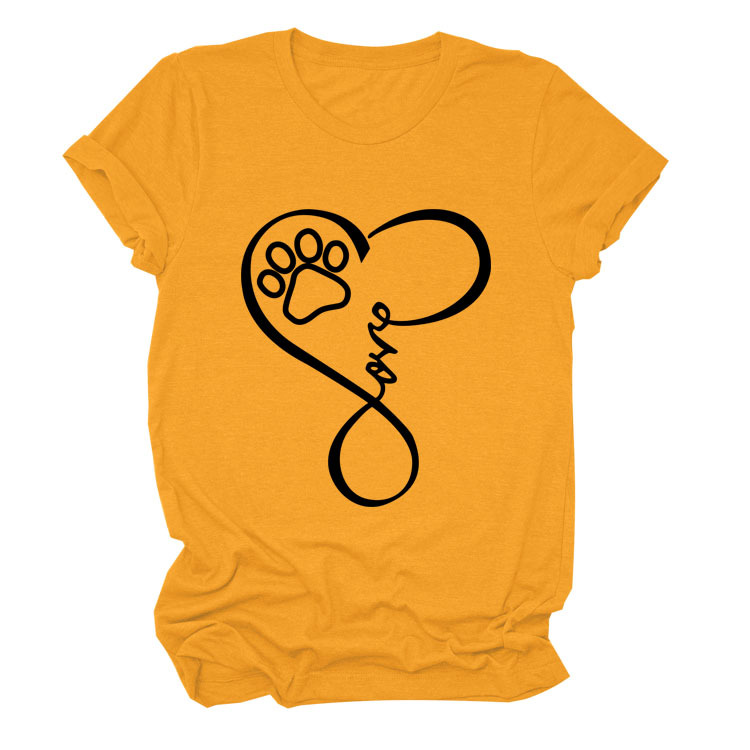 Dog Print Heart Printing Round Neck Short Sleeve Women's Clothing Mustard Yellow Black Font - Shop at LoveMi