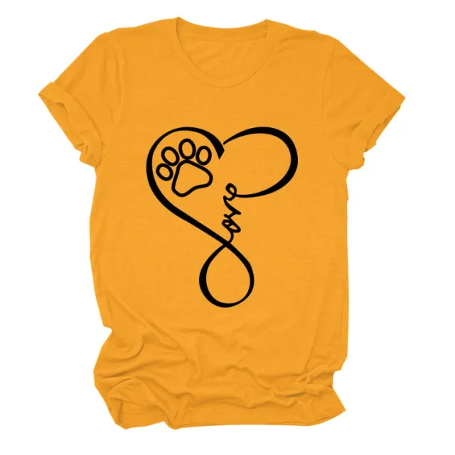 Dog Print Heart Printing Round Neck Short Sleeve Women's Clothing Mustard Yellow Black Font - Shop at LoveMi