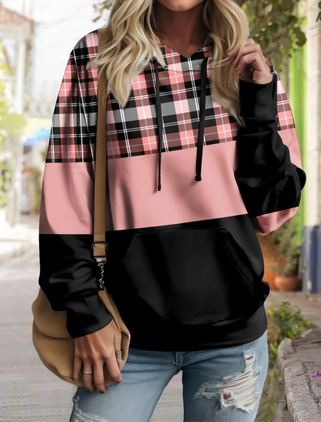 Women's Pullover Plaid Color Block Hoodie Long Sleeve 3H5Yt3N M - Shop at LoveMi