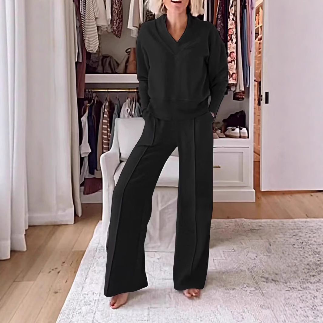 Women's Pullover Suit Casual Collared Long-Sleeved V-neck Top And Loose Straight-Leg Pants Fashion Sweatshirt Sport Trousers Set - Image 12