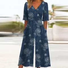 V-neck Printed Trousers One-piece Straight Wide-leg Pants - Denim Blue - View 1