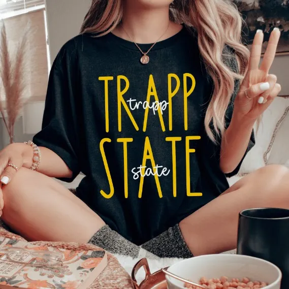 European And American Digital Printing Trapp State Casual Round Neck Short Sleeves - Black
