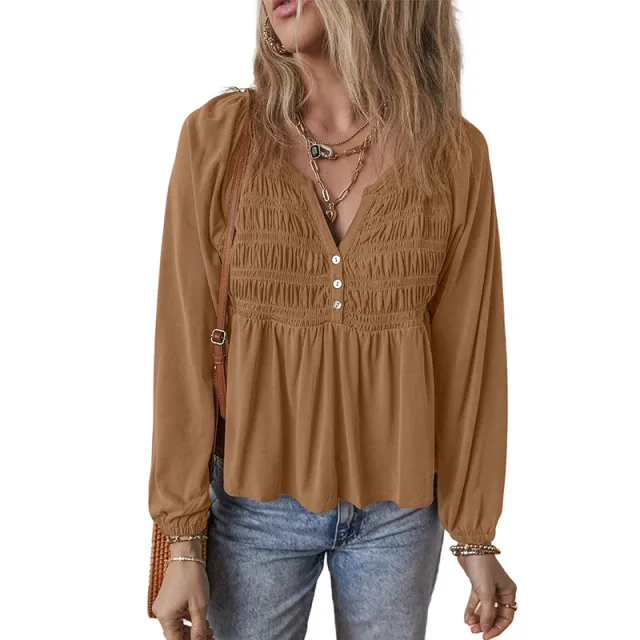 Women's Versatile Lotus Leaf Solid Color Pullover V neck Chiffon Shirt Brown - Shop at LoveMi