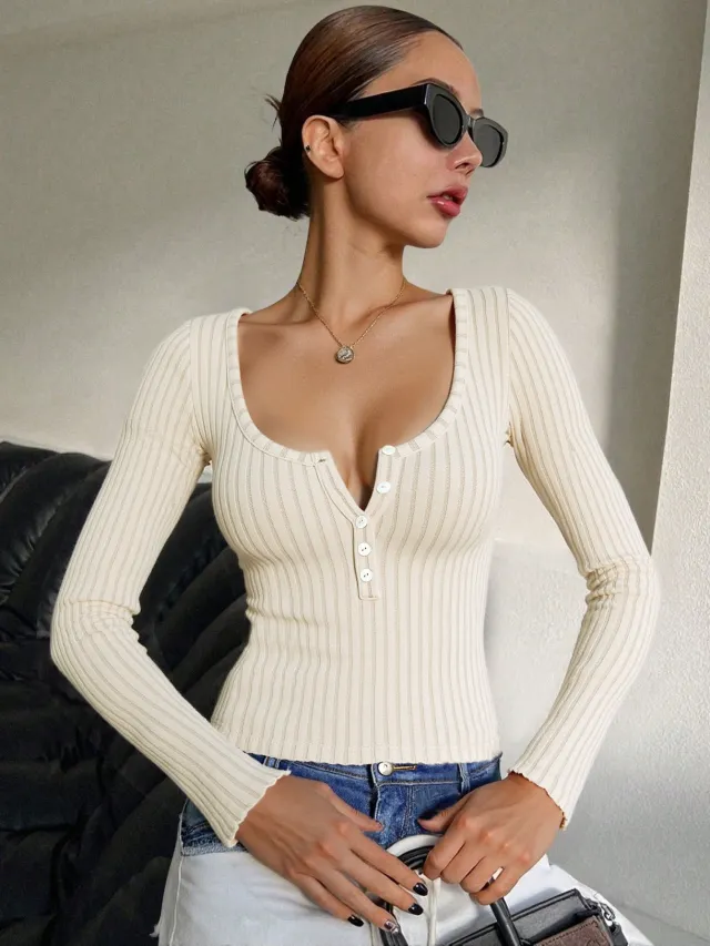 American style Semi open U neck Knitwear Long sleeved Button up Elegant Slim fit Top Apricot - Shop at LoveMi