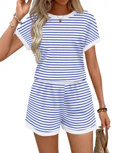 Stylish Casual Womens Outfit Short-sleeve Top And Shorts Set For Going Out - Blue - View 1