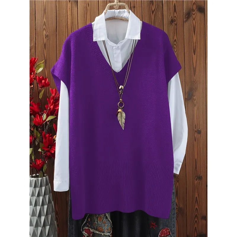All-matching Loose V-neck Plus Size Sweater Vest - Purple