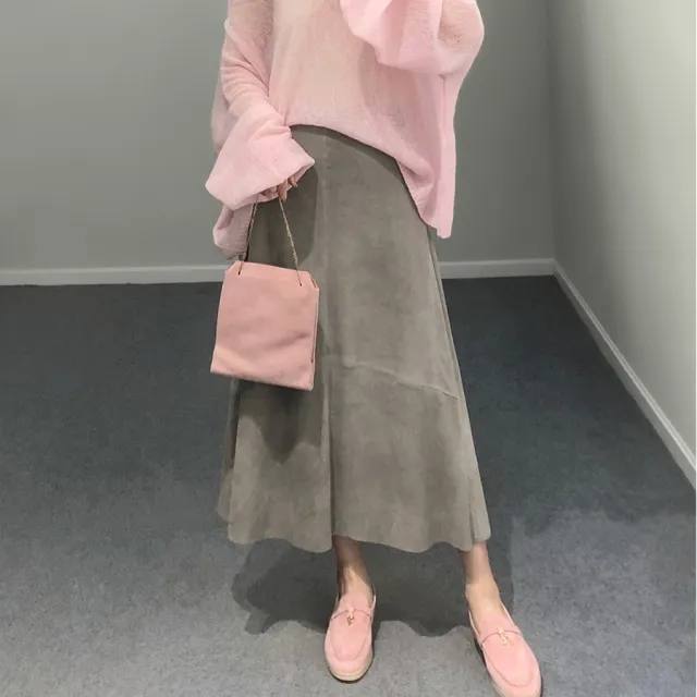 High Waist Sheepskin Suede Commute Minimalist Overknee Long Skirt Gray - Shop at LoveMi