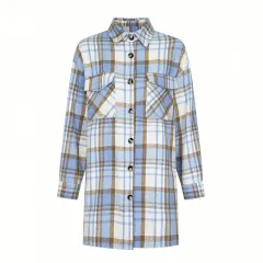 Women's Lapel Plaid Pocket Long Sleeve Shirt Jacket - Blue - View 1