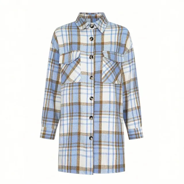 Women's Lapel Plaid Pocket Long Sleeve Shirt Jacket Blue - Shop at LoveMi