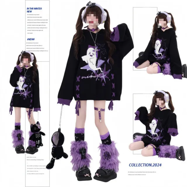 Original Black And Purple Contrast Color Lace up Loose Sweater Black - Shop at LoveMi