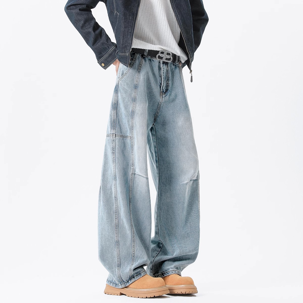 Retro Pleated Washed Denim Jeans Mens Straight-Leg Loose-Fit