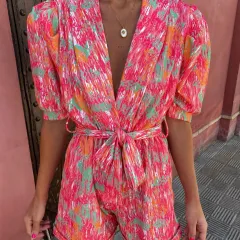 Deep V-neck Puff Short Sleeve Printed Elastic Waistband Pocket Shorts Jumpsuit - Red - View 1