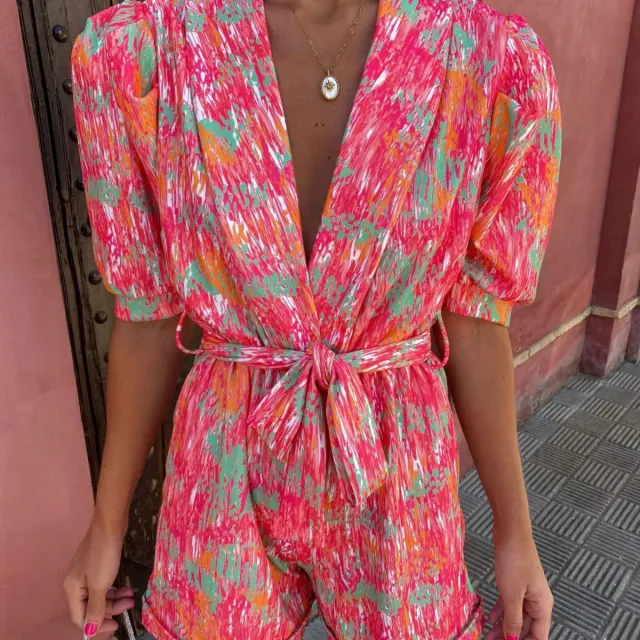 Deep V neck Puff Short Sleeve Printed Elastic Waistband Pocket Shorts Jumpsuit Red - Shop at LoveMi