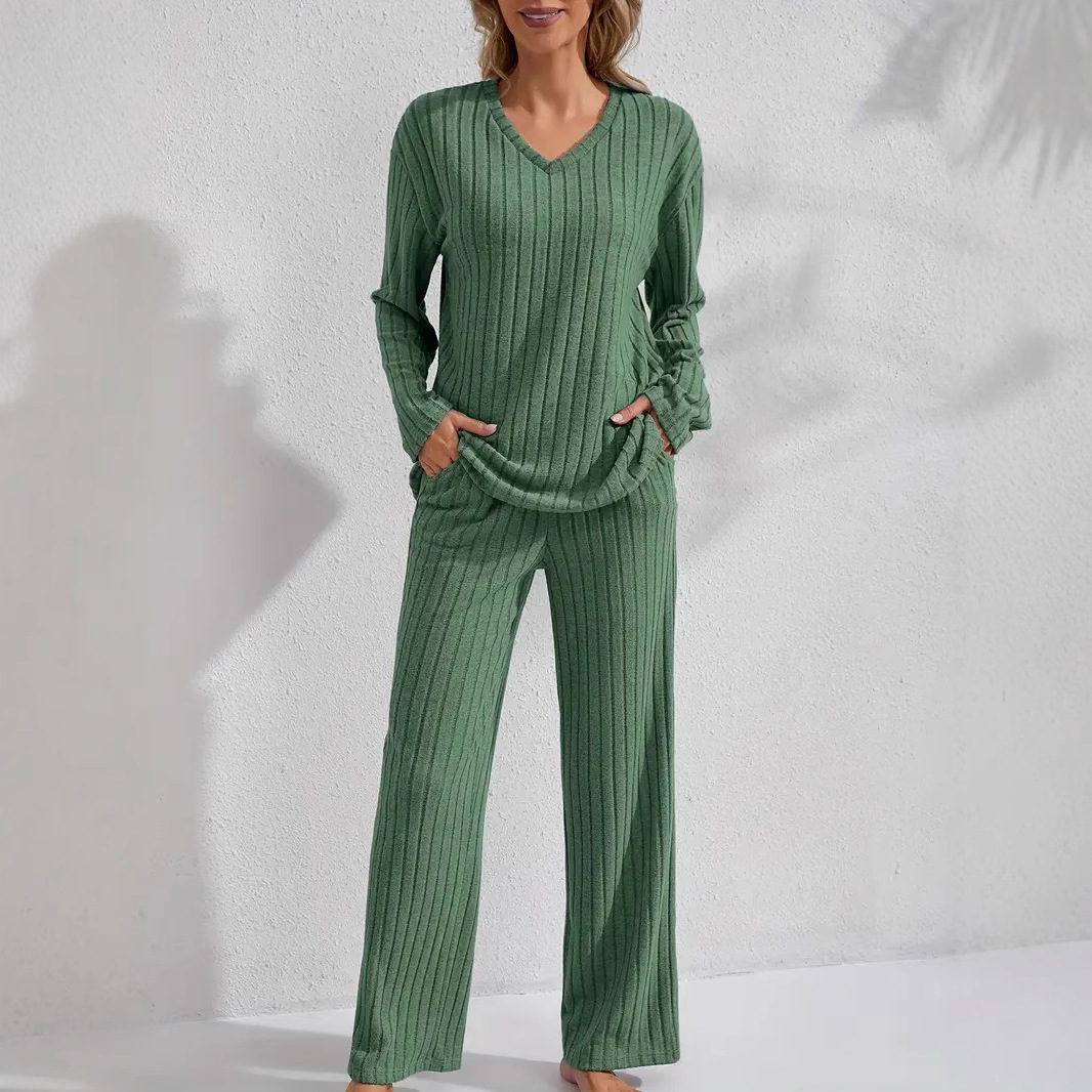 Ribbed Long-Sleeve Top And Pants Casual Comfortable Womens Loungewear Set