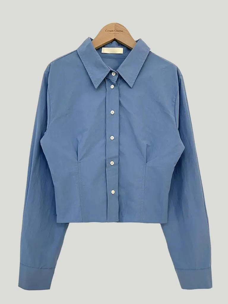 Waist-tight Slimming And Short Long-sleeved Shirt Women's Lapel Shirt - Blue
