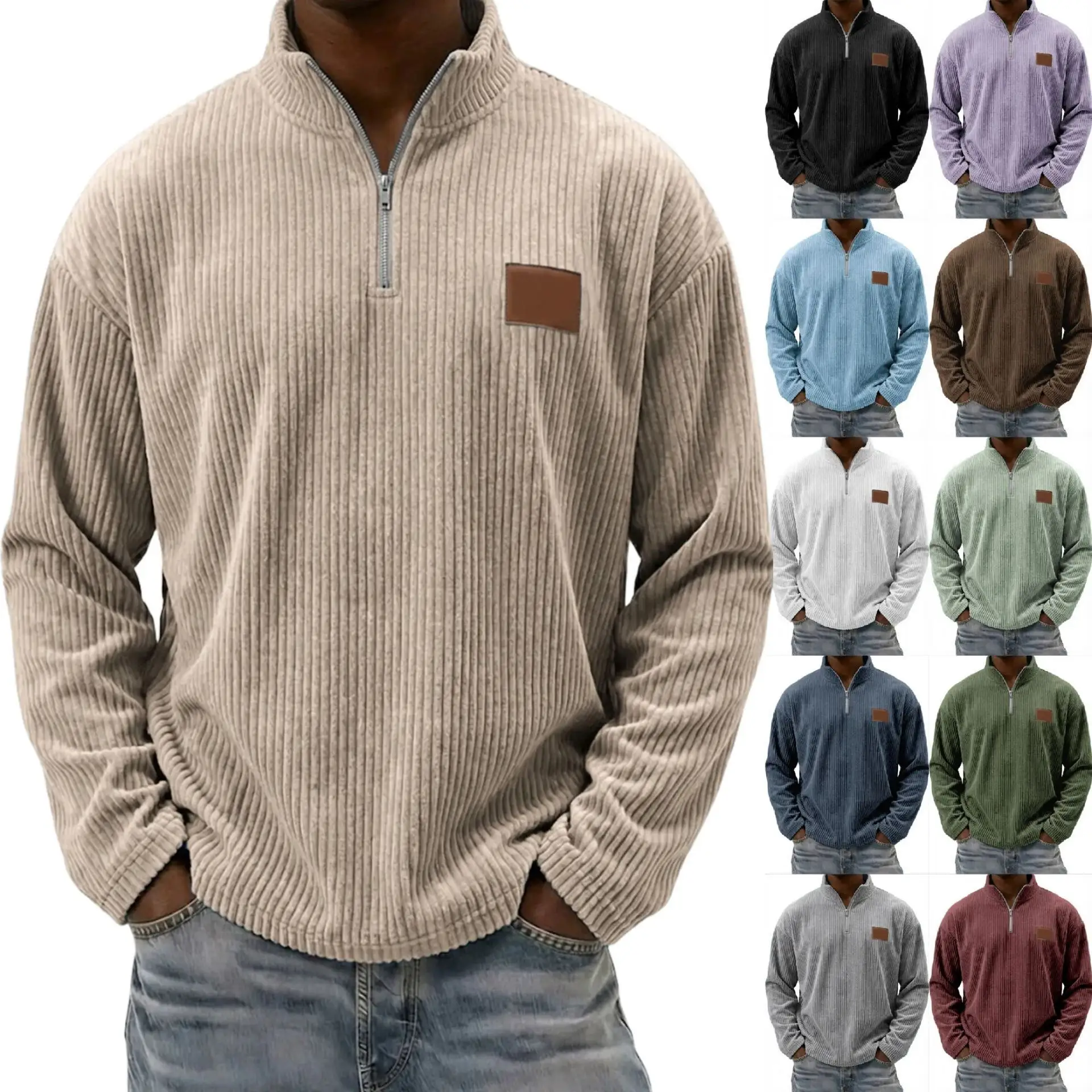 Mens Retro Corduroy Fashion Embroidered Pullover