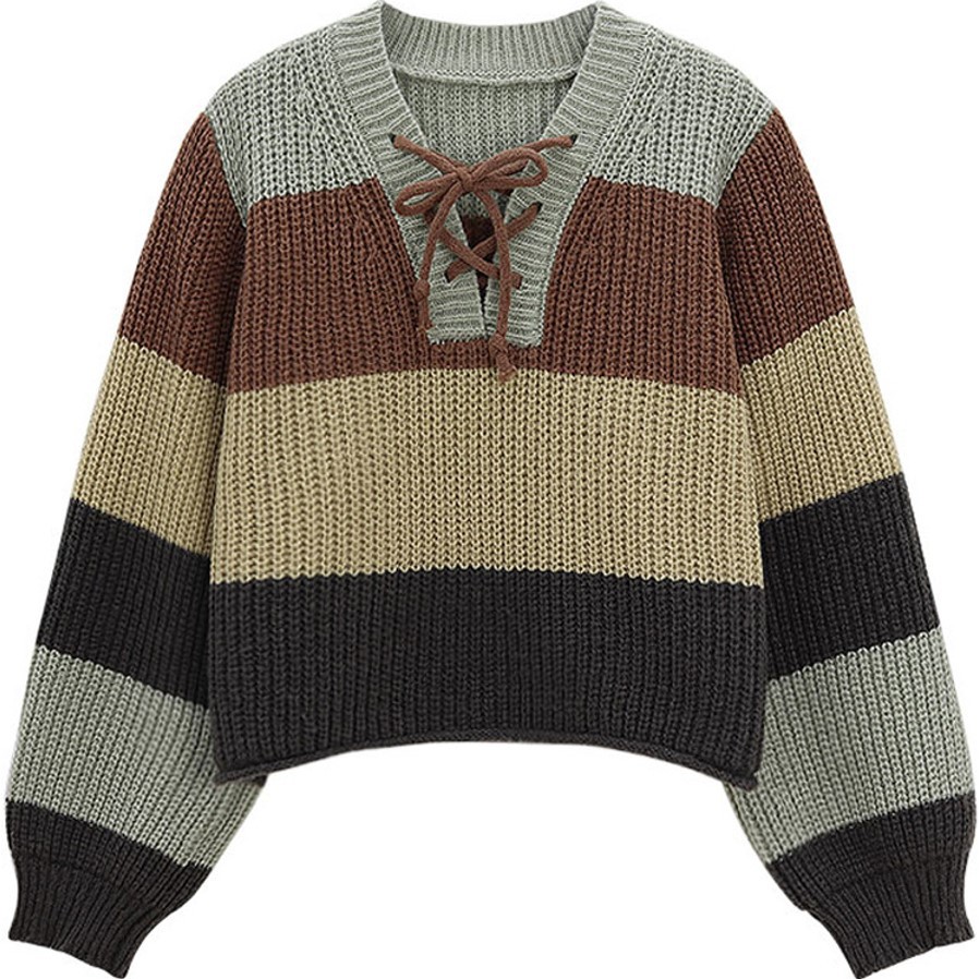 Retro Contrast Color Striped Lace-up V-neck Knitted Bottoming Shirt For Women