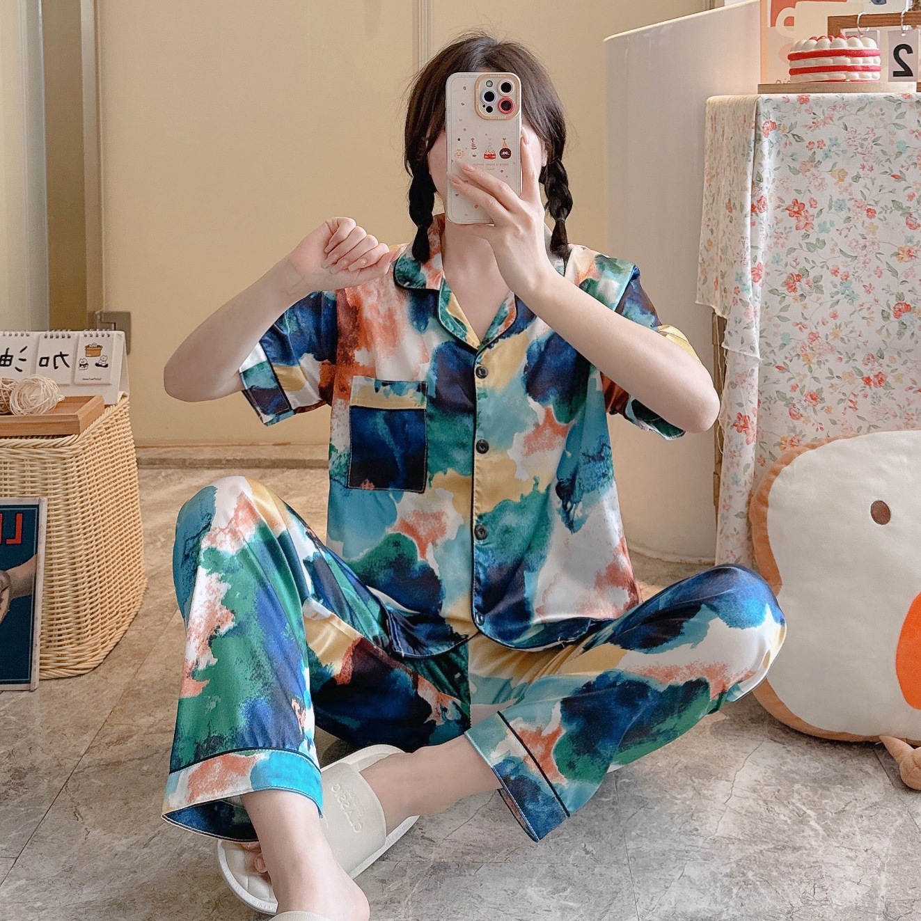 Summer Casual Short Sleeve Comfortable Lapel Ice Silk Home Wear Women 5 Style Xl - Shop at LoveMi