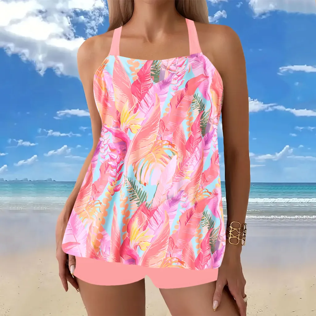 European And American Split Printed Sexy Bikini Swimsuit Women - Pink