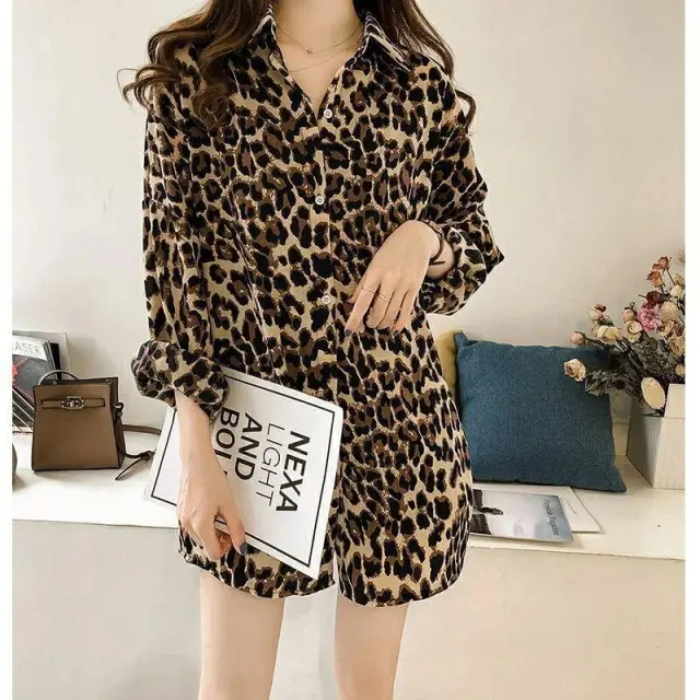 New Stylish Loose Plus Size Leopard Long Sleeve Pattern Mid length Shirt For Women Leopard Print - Shop at LoveMi