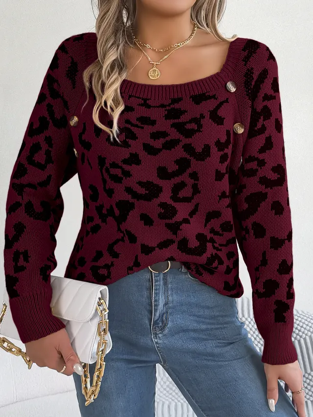 Casual Square Collar Button Contrast Color Leopard Print Long Sleeve Sweater Wine Red - Shop at LoveMi