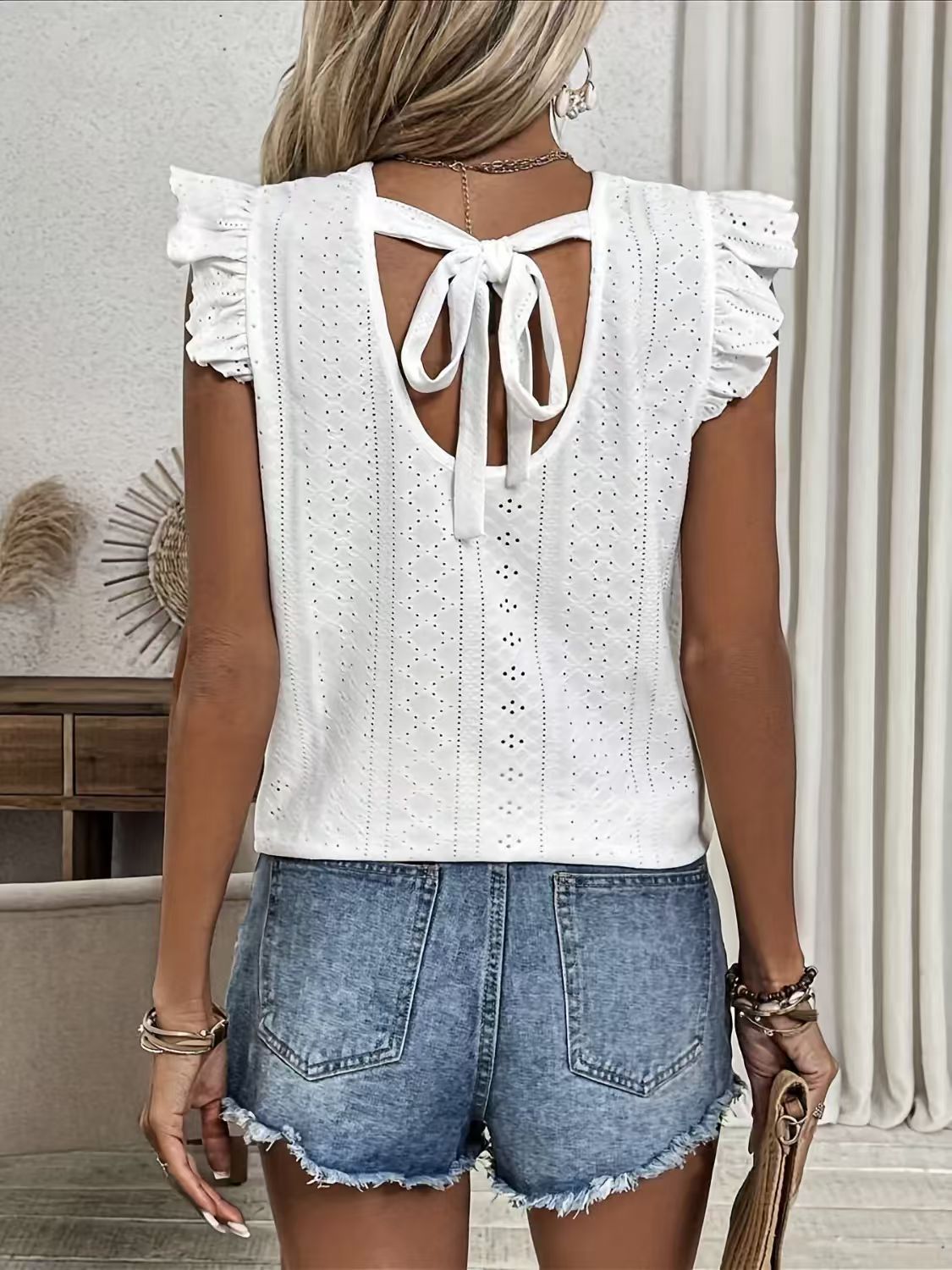 Womens Solid-Color Top With Ruffle Sleeves And Back Tie Ed619ec7 Fdbf 4124 95f8 14d8a6a0341d