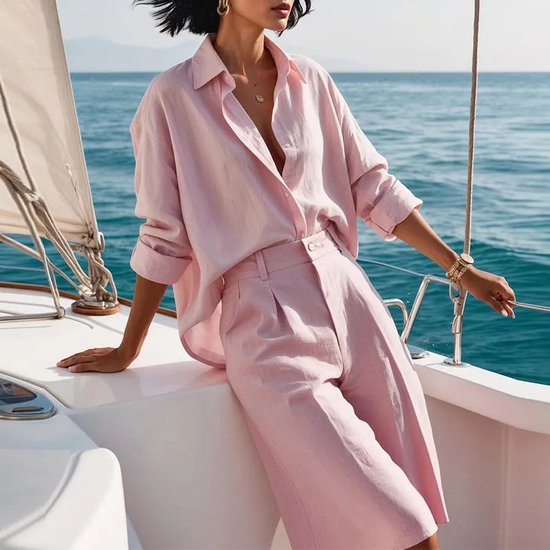 Summer New High-grade Casual Long-sleeved Shirt High Waist Cropped Pants Fashion Suit - Pink