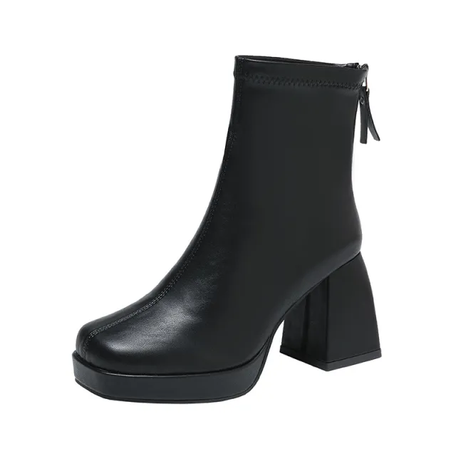 Square Head Thick Heel Back Zipper High Heel Boots Black - Shop at LoveMi