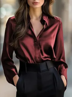Elegant Satin Long Sleeve Blouse For Women Button-Up Collar Shirt Perfect For Casual Professional Business Work Wear Women's Clothing - Red - View 1