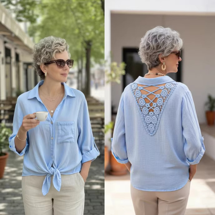 Solid-color Buttoned V-neck Casual Versatile Lace-up Shirt