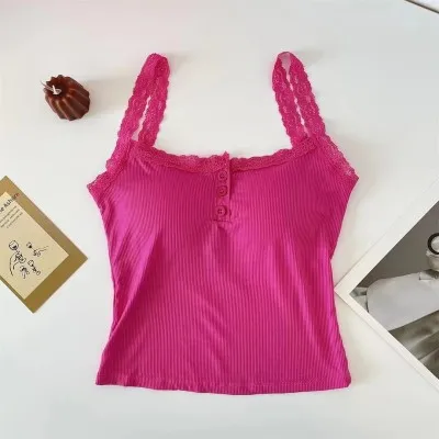 Women's Sweet Lace Solid Color Camisole Rose Red - Shop at LoveMi