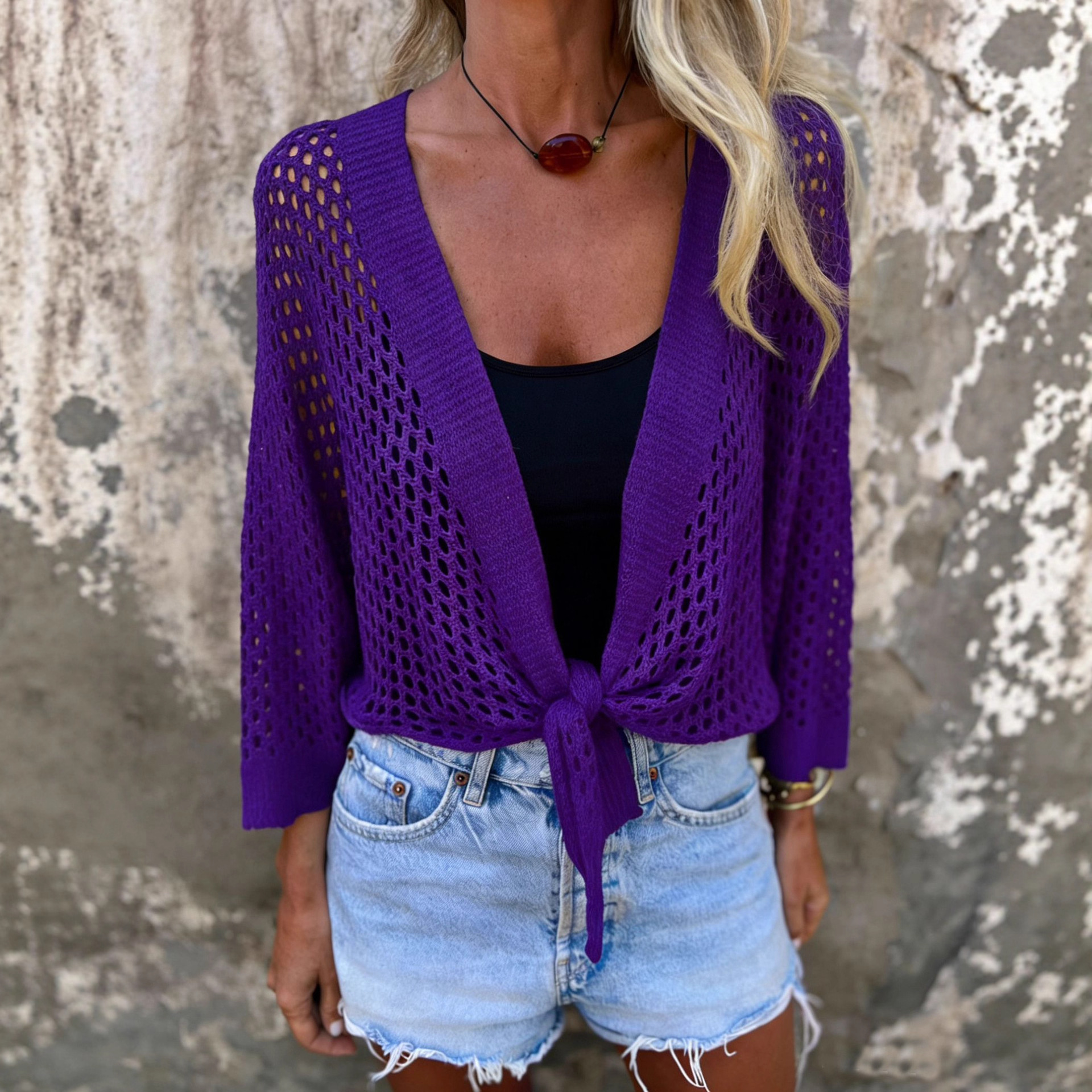 Mesh Faux-ice-silk Knitted Outerwear Top For Women