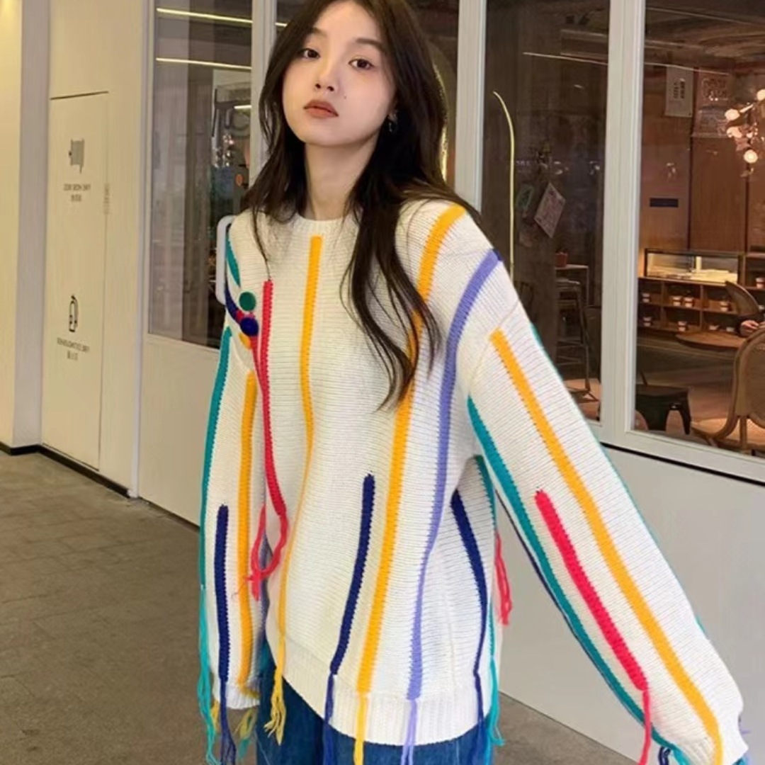 Fringed Sweater Design Colorful Striped Sweater For Women Picture Color - Shop at LoveMi