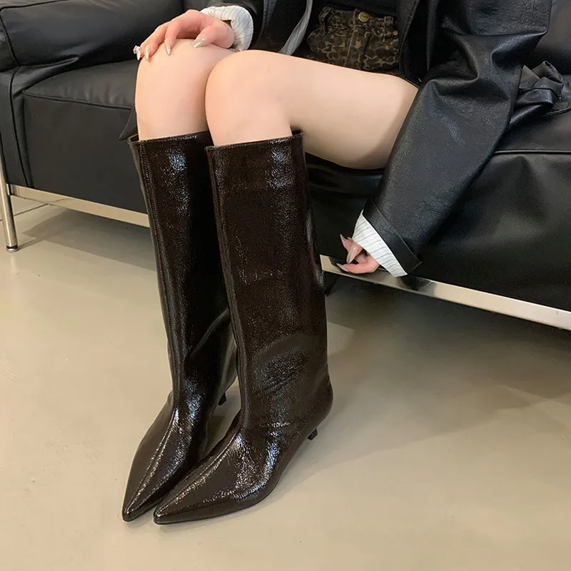 Big Tube Circumference Slimming And Straight Pointed Toe New Long Boots - Brown