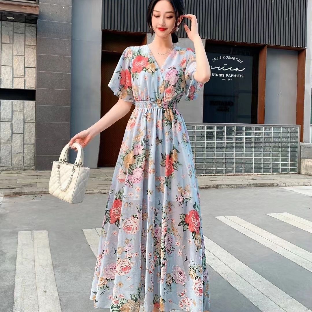 V-neck Mori Style Slim Fairy Floral Dress