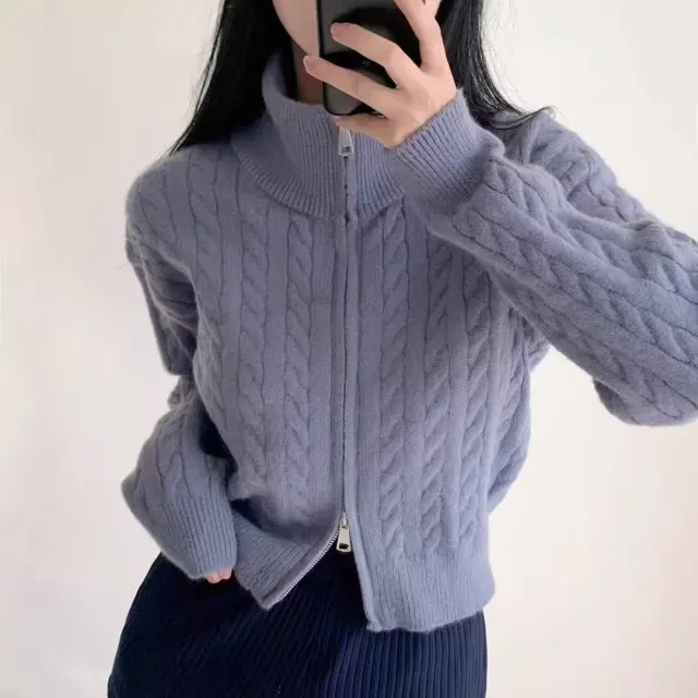 High grade Lapel Double Zipper Twist Solid Color Sweater Blue - Shop at LoveMi