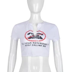 Printed Letter Short Sleeve Open Navel Street Fashion T-shirt - White - View 1