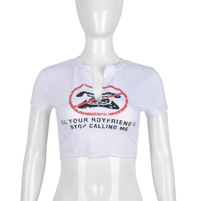 Printed Letter Short Sleeve Open Navel Street Fashion T shirt White - Shop at LoveMi